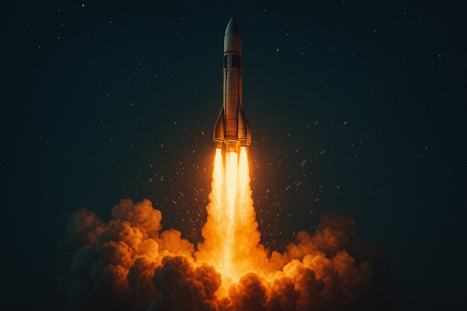 Eine Rakete zündet und steigt mit Feuer und Funken auf